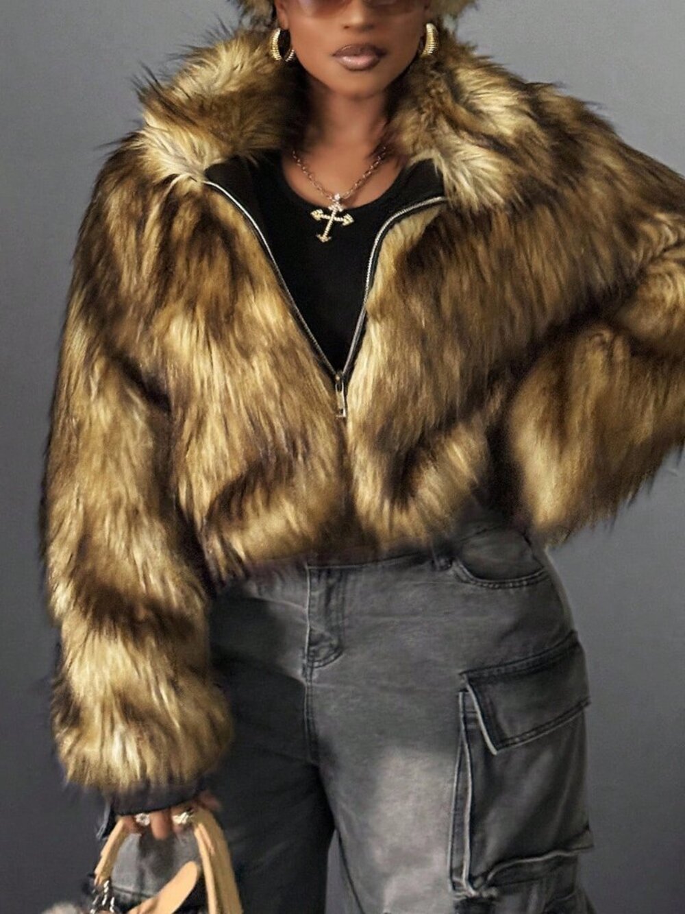 Brown Casual Women's Winter Faux Fur Lapel Zip-Up Waist Cinched Short Jacket